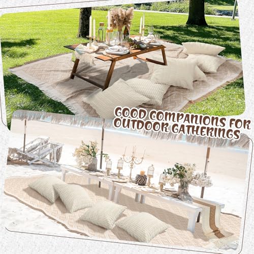 Beeveer Extra Large Outdoor Boho Picnic Blanket 91'' x 71'' Beige White Table Runner 6 Throw Pillow Cover Woven Cotton Yarn Oversize Beach Blanket Washable for Picnic Camp Wedding - color: Beige White, size: Fit 4-6 People 91'' X 71''