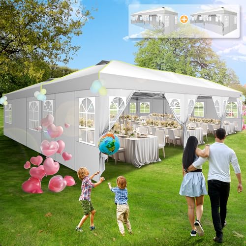 COBIZI 10x30 Pop Up Canopy Tent, Wedding Party Tent with 8 Sidewall One Push Setup Glow, 3 Adjustable Height Air Vent Waterproof UPF50+, Wheeled Bag, Sandbag, Stake, Rope for Commercial, Outdoor - color: White, size: 10x30 with 8 Sidewalls