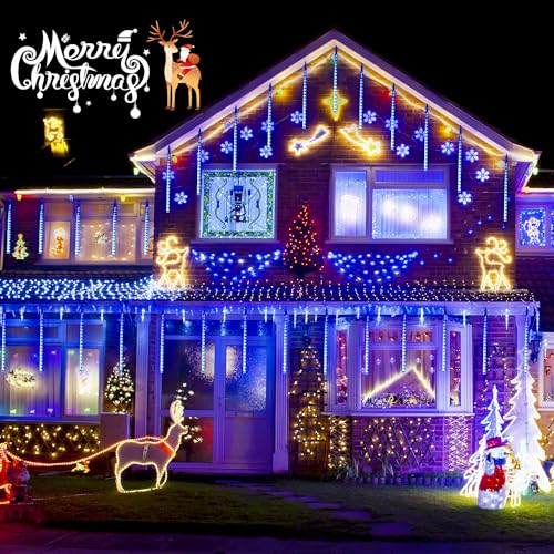 JMEXSUSS 2 Pack Solar Meteor Shower Lights, Blue Meteor Cascading Rain Lights, Waterproof for Tree/Garden Party Christmas Decor - 16 Tubes, 288 LED - color: Blue, size: 2*144LED