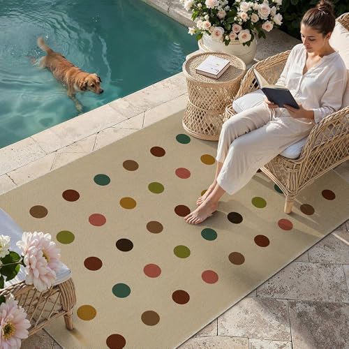 HUGEAR 5x8 Jute Outdoor Indoor Rug Washable Geometric Linen Textured Weave High Traffic Stain Resistant Non Slip Durable Carpet for Livingroom Patio Deck Balcony Courtyard (Rainbow, 5' x 8') - color: Rainbow Polka Dots, size: 5'x8' (Rectangular)