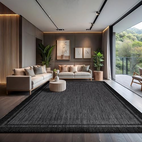 CAMILSON Indoor Outdoor Rug, 10x14 Bordered Dark Grey Black Modern Large Area Rugs for Indoor and Outdoor Patios, Kitchen and Hallway Mats, Washable Porch Deck Outside Carpet (Bordered Black, 10 x 14) - color: Bordered Black, size: 10' x 14' (Rectangular)