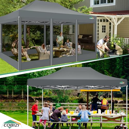 COBIZI 10x15 Heavy Duty Pop up Canopy with 4 Sidewalls, Canopy Tent with Mosquito Netting, Easy up Screen Party Tents for Parties Wedding Patio Backyard Commercial Gazebo with Handbag, Gray - color: Gray, size: 10x15ft(standard)