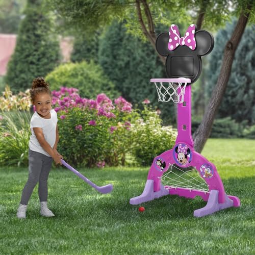 Delta Children Disney Minnie Mouse 4-in-1 Sports Center – Adjustable Easy Score Basketball Hoop, Soccer/Hockey Net and Golf Game, 4 Golf/Hockey Balls, Pink - color: Minnie Mouse