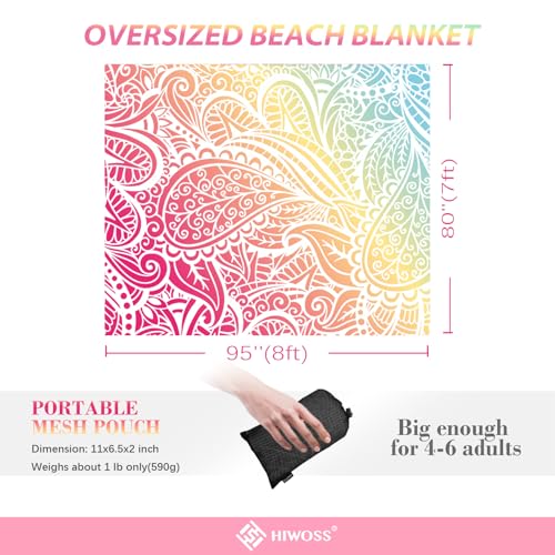 Beach Blanket Waterproof Sandproof Oversized 95”x 80”,Sand Free Beach Mat with Corner Pockets,Portable Mesh Bag for Beach Festival,Picnic,Travel and Outdoor Camping (Ombre Rainbow) - color: Ombre Rainbow