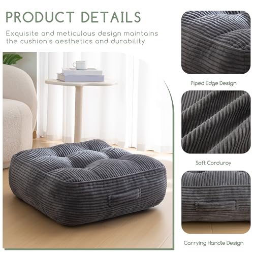 HIGOGOGO 8" Extra Thick Floor Pillow Cushion for Adults, Meditation Cushion Pillow, Large Square Floor Sitting, Tufted Corduroy Cover, for Tatami Living Room or Yoga, 22x22 Inch, 2Pack, Dark Grey - color: Square Dark Grey, size: 8" Thick(Pack of 2)