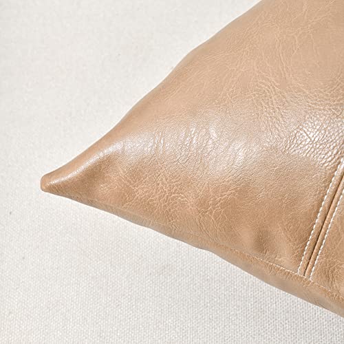 Fancy Homi 2 Packs Tan Decorative Throw Pillow Covers 16x16 Inch for Living Room Couch Bed, Modern Farmhouse Boho Home Decor, Faux Leather Hand Stitched Beige Accent Square Cushion Case 40x40 cm - color: Tan, size: 16" x 16" (Pack of 2)