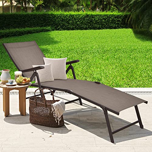 Tangkula Folding Lounge Chair Outdoor, Recliner Chaise Lounge with 5-Position Adjustable Backrest & 2-Position Footrest, No Assembly Required, Suitable for Patio Poolside Beach Yard (1, Brown) - color: Brown