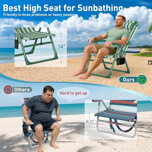 Suteck Backpack Beach Chair for Adults - 6-Position Folding Reclining Chair with Cooler Bag & Cup Holder, Lightweight Portable Beach Chair for Camping, Outdoor, Sand, Travel Use - color: Dark Green & White
