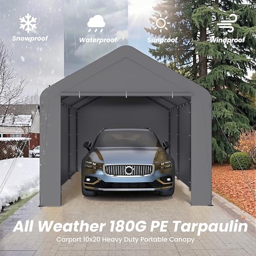 Carport 10x20 Heavy Duty Portable Garage w/Removable Sidewalls & Roll-Up Door Car Canopy Party Tents Waterproof UV Resistant All Weather Car Port for Trucks,Boats(Grey)