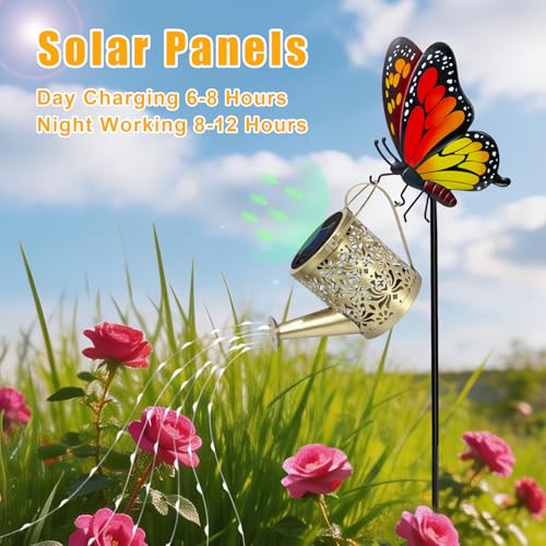 Solar Lights Garden Decor, Waterproof Solar Watering Can with Butterfly Garden Stakes, Outdoor Light with Cascading Lights for Outside Patio Porch, Birthday Gift for Women 2 Pack - color: Butterfly 2 Pack