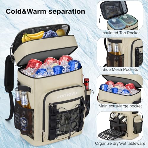 Insulated Cooler Backpack, 40L Leakproof Backpack with Double Compartments for Men & Women, Large Lunch Cooler for Camping, Beach, Travel, Picnic, Up to 48 Cans - color: Beige