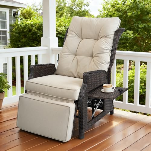 Outdoor Indoor Wicker Recliner with Adjustable Back and Footrest, Patio Reclining Chair with Flip-up Table, Outdoor Rattan Lounge Chair, Upgrade Beige - color: Upgrade Beige, size: 1PCS