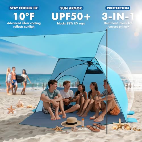 Elegear CumbreX™ Beach Tent with Canopy 4-6 Person, 1-Second Umbrella-Style Setup Pop Up Sun Shelter Shade, UPF 50+ UV Protection Four-Layer Silver-Coated Lightweight Portable Beach Cabana - Aqua Blue - color: Aqua Blue