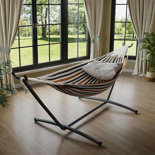 Double Hammock with Stand for 2, Heavy Duty 350 Lb Capacity Portable Rope Hammock for Indoor & Outdoor Use, Includes Padded Mat and Pillow, Tool-Free Easy Assembly, Light Blue - color: Light Blue and Green Stripes Design