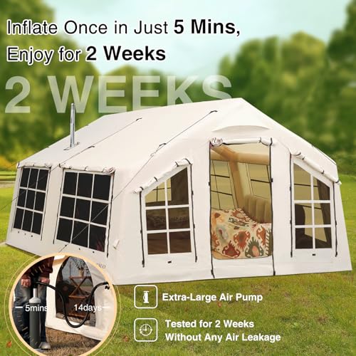 KNUO Inflatable Camping Tent, Large Blow-Up Air Tent, No Assembly Needed Luxury Glamping House, Oxford Fabric - color: Light Beige-Dual-layer Doors, size: 12x15ft