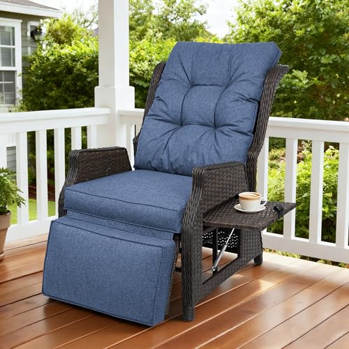 Outdoor Indoor Wicker Recliner with Adjustable Back and Footrest, Patio Reclining Chair with Flip-up Table, Outdoor Rattan Lounge Chair, Navy - color: Navy, size: 1PCS