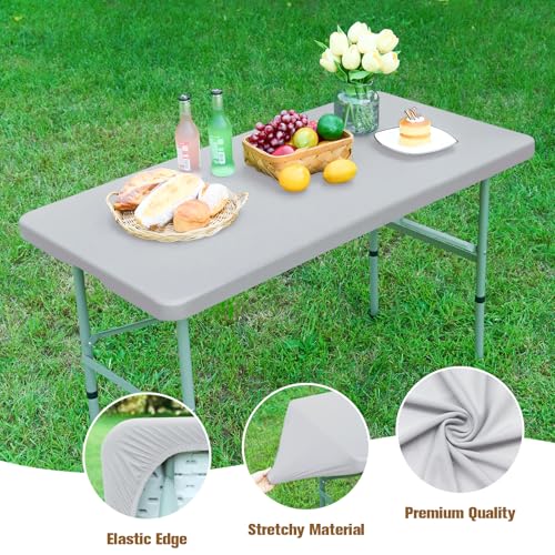 Fitted Rectangle Tablecloth 24 x 48 Inch Elastic Table Cloth for 4ft Table, Stretch Spandex Tables Cover Silver Washable Polyester Tables Top Cap Cover for Dining Picnic Camping Indoor and Outdoor - color: Silver, size: 48" x 24" (Rectangular)