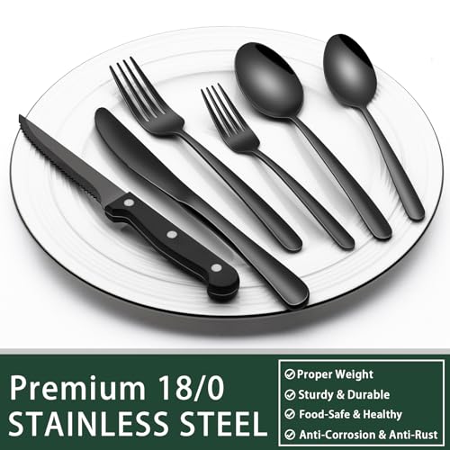 EWFEN 24-Piece Black Silverware Set with Steak Knives, Black Flatware Set for 4, Food-Grade Stainless Steel Tableware Cutlery Set, Mirror Finished Utensil Sets for Home Restaurant, Heavy Duty - style: Heavy Duty