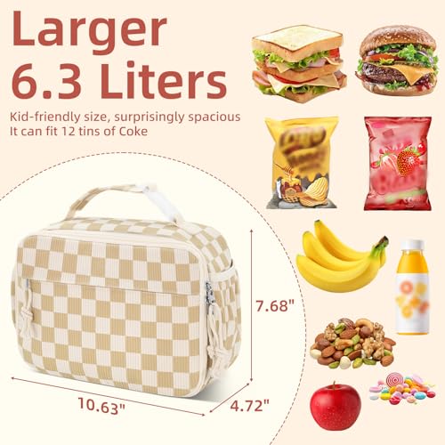 Insulated Lunch Bag for Girls & Boys, Kids & Teens – Cute Checkered Lunch Box with Side Pockets, Buckle Handle for Backpack Hanging, Lightweight Waterproof Lunchbox for School, Teens, Women & Man ﻿ - color: Checkered Beige Brown-Kid