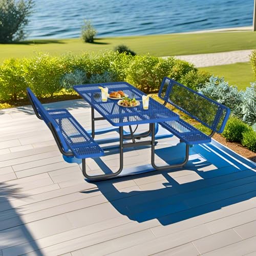 72" Rectangular Metal Picnic Tables for Outdoors with Backrest Seats Umbrella Hole - Coated Steel Heavy Duty Commercial Grade Table, Patio Rectangular Furniture Set for a Lifetime, Blue - color: Blue-backrest