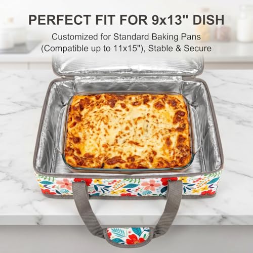 Insulated Casserole Carrier Fits Pioneer Woman Kitchen Stuff & 9x13 Baking Dish, Large Lasagna Lugger Tote, Leakproof Thermal Food Warmer Bag for Potluck, Picnic, Travel, Hot/Cold Food & Mom Gifts - color: Floral#2