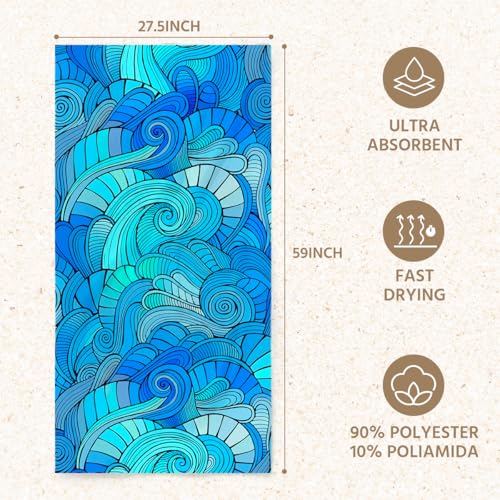 Wave Microfiber Lightweight Beach Towel Sand Free Quick Dry Absorbent Thin Towels Blanket for Swimming Pool Camping Beach Vacation Essentials Accessories Travel Things for Cruise Sauna - color: Lcs Multicolor 01531