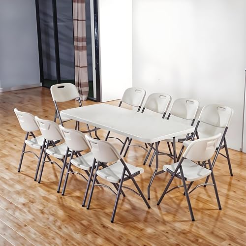 8ft Folding Table 96 inch, Heavy Duty 8 Foot Portable Plastic Foldable Table with Handle and Fold-in-Half Design, Blow Molded Tabletop for Outdoor, Indoor, Party, Dining and Camping, White - size: 8FT