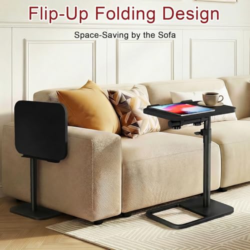 GOYLSER TV Tray Table Adjustable Height, Flip-Top, Snack Side Table with 360° Swivel and 180° Tilt, C Shaped End Table for Couch, Sofa, Dinner Eating and Recliner (Black) - color: Black, style: Tilt C Table