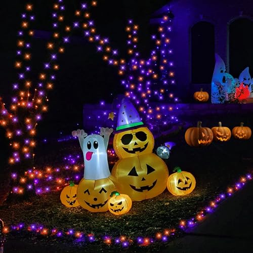 YEGUO Orange and Purple Halloween Lights Outdoor Waterproof, 4 Packs Each 33ft 100 LED Solar Fairy Light,8 Modes Black Wire String Lights - color: Orange and Purple