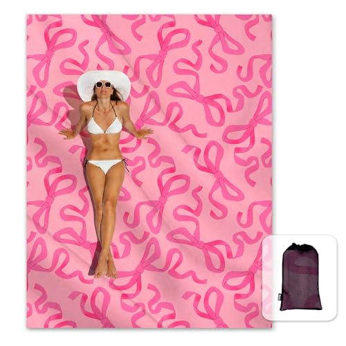 Sunlit Large Beach Blanket Waterproof Sand Proof, 81" x106" Sand Free Beach Mat Anchored Pockets and Storage Bag, for Travel Beach Camping Outdoor Festival, Coquette Pink Bow