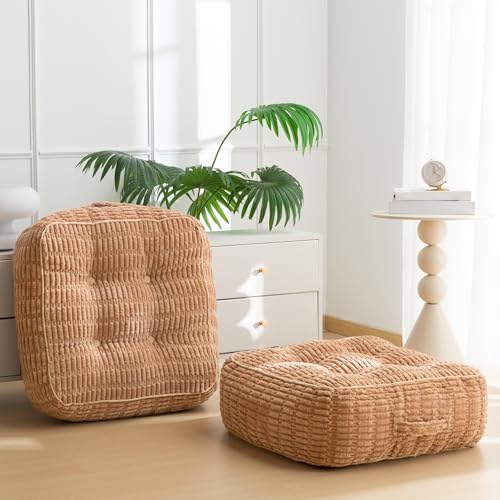 8" Washable Floor Pillow Cushion for Adults, Meditation Cushion Pillow, Removable Tufted Blended Corduroy Cover, Large Square Floor Sitting for Tatami Living Room or Yoga, 2Pack, Machine Washable - color: Square Coffee, size: 8" Thick(pack of 2)