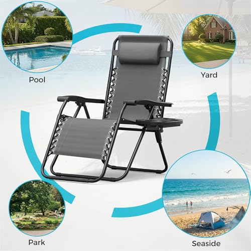Homall Zero Gravity Chair Patio Folding Lawn Outdoor Lounge Gravity Camp Reclining Lounge Chair with Cup Holder Pillows for Poolside Backyard and Beach Set of 4 (Grey) - color: Grey, size: 4 PCS