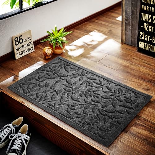 Grey Leaves Outdoor Indoor Entrance Doormats, Absorbent Durable Heavy Duty Welcome Front Door Mat,Thick Natural Rubber Back,Easy Clean Entryway Mat 17x30 Inch, Low Profile - color: Leaves-grey, size: 1'5" x 2'6" (Rectangular)