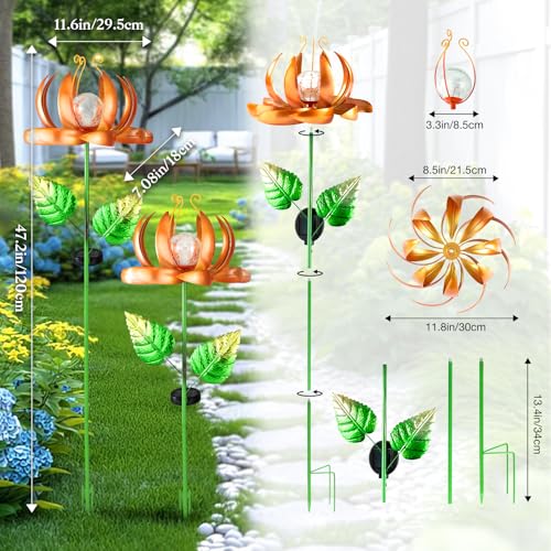 Solar Yard Lights Wind Spinners- Metal Lotus Flower Garden Decor LED Crackle Glass Globe Yard Art Sculpture Solar Stake Lights for Patio Pathway Lawn Walkway (Yellow-Large) - color: Yellow-large