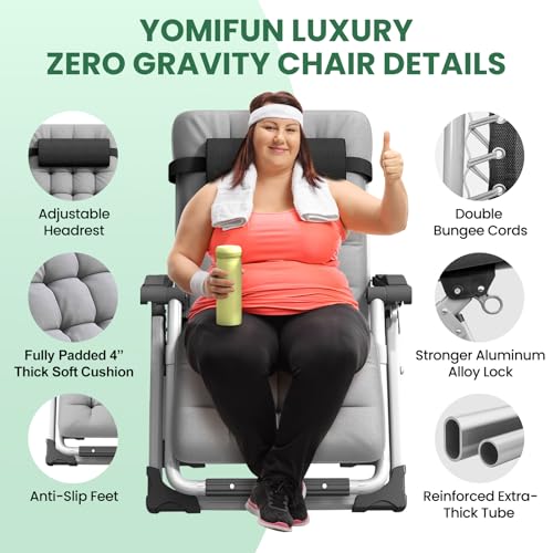 Oversized Zero Gravity Chair, XL Lounge Chair 29” Width, Padded Reclining Camping Chair W/Removable Cushion & Adj Headrest, Storage Bag, Footrest Cushion, Cup Holder, for Indoor Outdoor, Gray - color: 29in - Grey