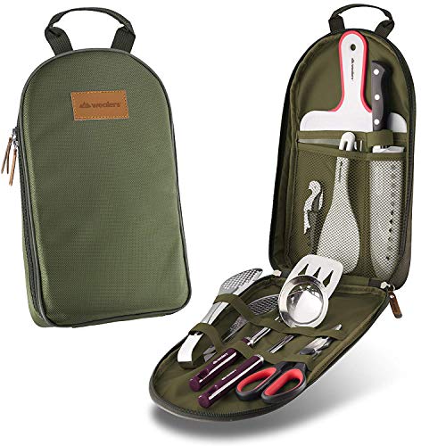 Wealers Camp Kitchen Cooking Utensil Set Travel Organizer Grill Accessories Portable Compact Gear for Backpacking BBQ Camping Hiking Travel Cookware Kit Water Resistant Case - color: 12 Pieces Green