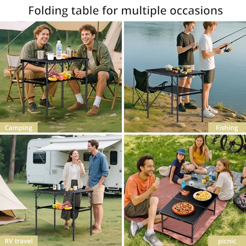 Anbte 3ft Camping Table Foldable with Storage Net, 3 Heights Max 29.5" Aluminum Camping Table with Portable Handle, Lightweight, for Travel Outdoor Beach Picnic Patio Indoor, 36" x 24", Pure Black - size: 36"l X 24"w X 29.5h"