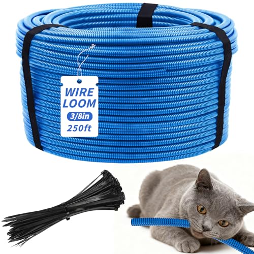 250FT Blue Split Wire Loom Tubing, 3/8 Inch Wire Protector Tubing, Automotive Wire Flexible Conduit Cord Covers with 50 Cable Ties for Automotive Marine Agriculture Electrical Cable Protection - color: Blue, size: 3/8in x 250ft