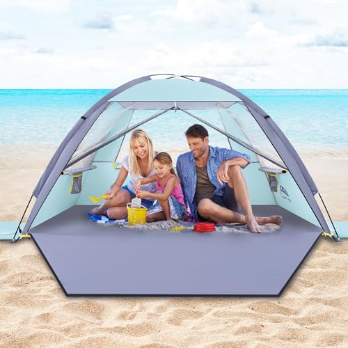 Happy Travel Beach Tent, UPF 50+ UV Protection Sun Shade Shelter for 3/4/5/6/7/8 Person, Portable Beach Canopy for Family & Baby, Lightweight & Easy Setup Beach Cabana with 3 Ventilation Mesh Windows - color: Baby Blue, size: 3 Person