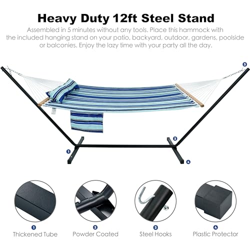GAFETE 2 Person Hammock with Stand for Outside, Heavy Duty Steel Stand, Double 55inch Hammocks, Large Removable Pillow, Storage Bags, Max 475 lbs Capacity (Pacific Stripe Blue) - color: Pacific Stripe Blue