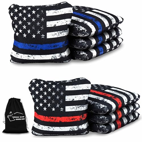 Professional Cornhole Bags Set of 8 - Dual Sided Stick & Slide (Suede/Woven) - Premium Resin Filled Regulation Weight & Size (6x6, 16oz) - Double Stitched Reinforced Seams with Carry Tote - color: American Heroes (Blue/Red Line)