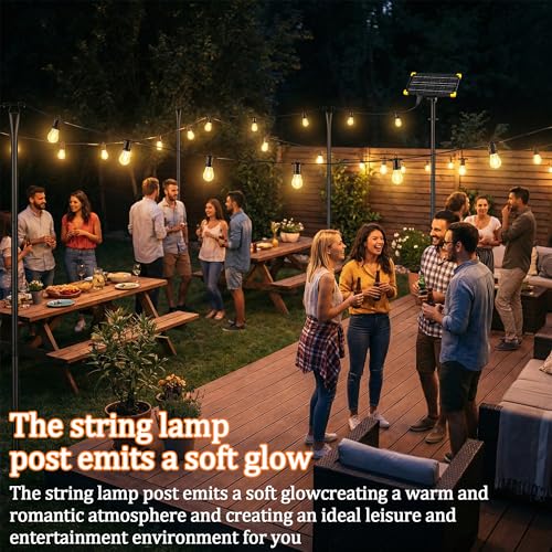 4 Pack Outdoor String Light Poles with Solar Panel & 590 Inch LED String Lights, Heavy Duty Metal Light Pole for Patio, Backyard, Garden, Wedding, Party & Front Porch Decor