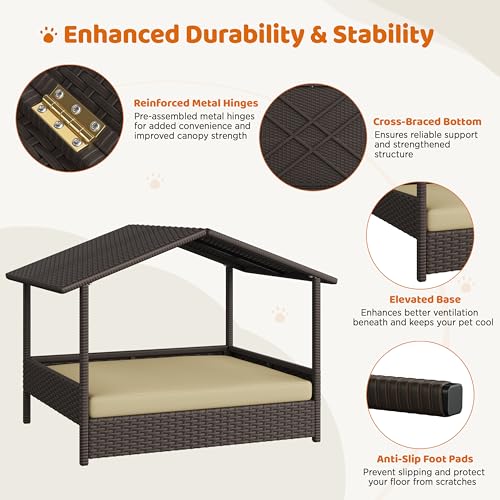 Yaheetech Wicker Dog House Outdoor Indoor with Canopy, Elevated Dog Shelter Dog Bed with Cushion for Small/Medium Dogs, Shade for Deck, Patio, Yard, Pool Brown House, Khaki Cushion