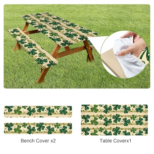 ANNA QUEEN St. Patrick’s Day Clover 6FT Picnic Table Cover with Bench Covers Set of 3 with Drawstring Bag, Green Clover 72"x30" Waterproof Picnic Tablecloth & Bench Covers for Outdoor Dining - color: #53