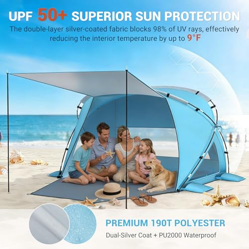 Elegear Beach Tent Sun Shelter with Canopy, CumbreX™ 4-6 Person Pop Up Beach Tent, Easy Setup UPF 50+ UV Protection Portable Lightweight Waterproof Cooler Family Beach Cabana Sun Shade Shelter - Blue - color: Blue