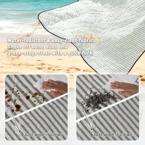 Extra Large Waterproof Picnic Blanket 80"x80" – Sandproof Outdoor Mat for Beach, Park, Grass, Lawn, Camping, Wedding Registry Must Have, Foldable & Portable Rug for Family Picnics - color: Moss Green Pinstripe
