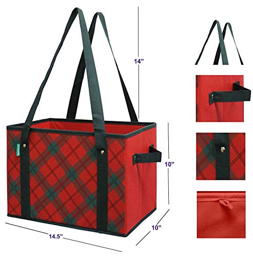 Earthwise Deluxe Collapsible Reusable Shopping Box Grocery Bag Set with Reinforced Bottom Plaid Holiday Xmas Christmas Design Storage Boxes Bins Cubes (Set of 3) (Holiday) - color: Green
