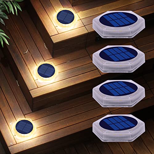 DetarZinLED Solar Step Lights for Outside Waterproof, 4 Pack Warm White Outdoor Stair Light Solar Powered, Stick on Lights for Deck, Dock, Driveway, Walkway, Pathway, Porch, Yard, Ground - size: 4pcs Warm White Corner