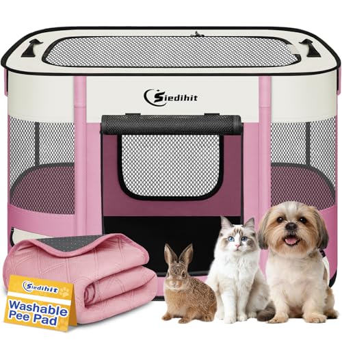 Dog Playpen,Cat Pet Puppy Pen,Portable Playpens for Dogs Indoor Outdoor Travel Camping Use,Foldable Dog Kennel Tent Crate for Rabbit Small Animals with Carrying Case (Pink with Pad, Small) - color: Pink with Pad, size: Small