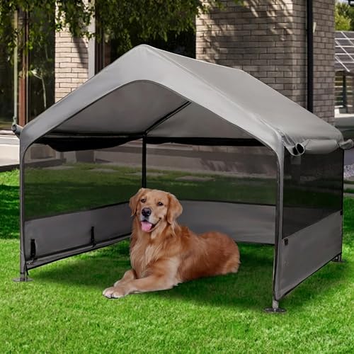 Summertrail Extra Large Dog House Outside, Dog Tent Outdoor, Big Dog Shade Shelter Doghouse Canopy with Three-Sided Breathable Mesh Windows, Gray Sun Rain Cover for Pet Cat Livestock 4'x 4'x 3.3' - color: Gray Dog Tent With Mesh Windows（XLarge Size）